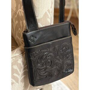 Pat Nash Handbag Tooled Stipes Sling Black Leather Italian Embossed Crossbody